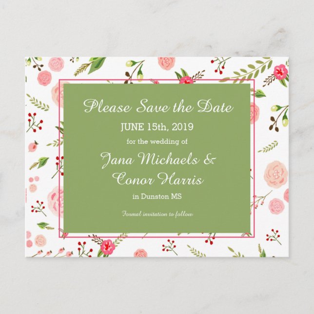 Tarjeta de Guardar la Fecha de Boda Floral Rosa y  (Anverso)