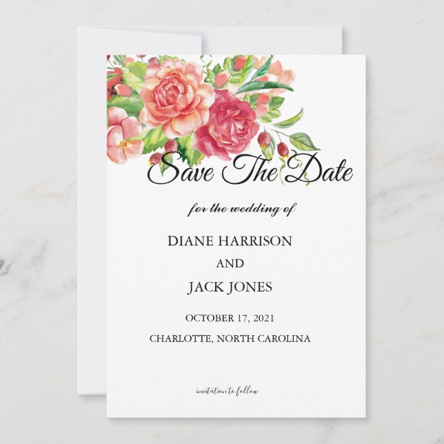 Tarjeta de guardar la fecha de boda floral rosa y  (Anverso)