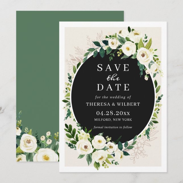 Tarjeta de guardar la fecha de boda floral verde b (Anverso / Reverso)