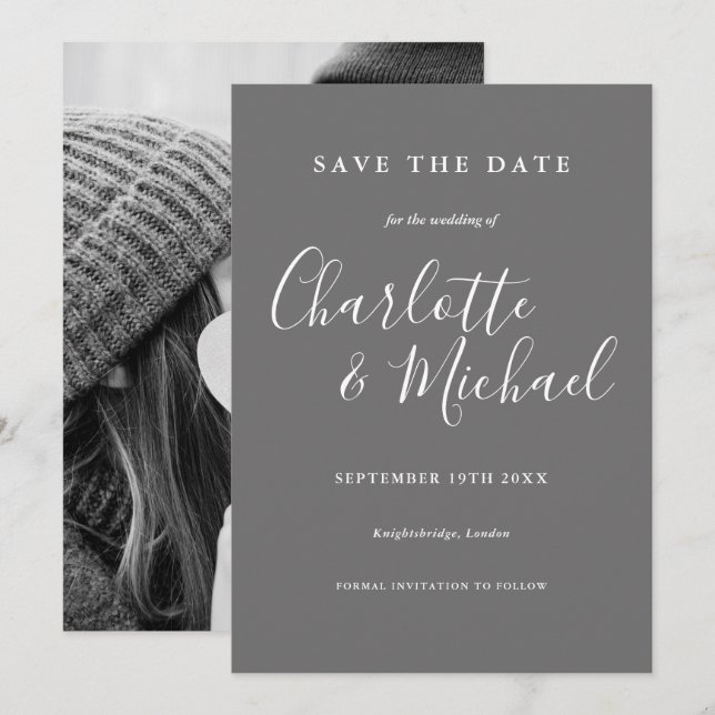 Tarjeta de guardar la fecha de boda gris y blanca  (Anverso / Reverso)