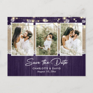 Tarjeta de Guardar la Fecha de Boda Morada Rústica