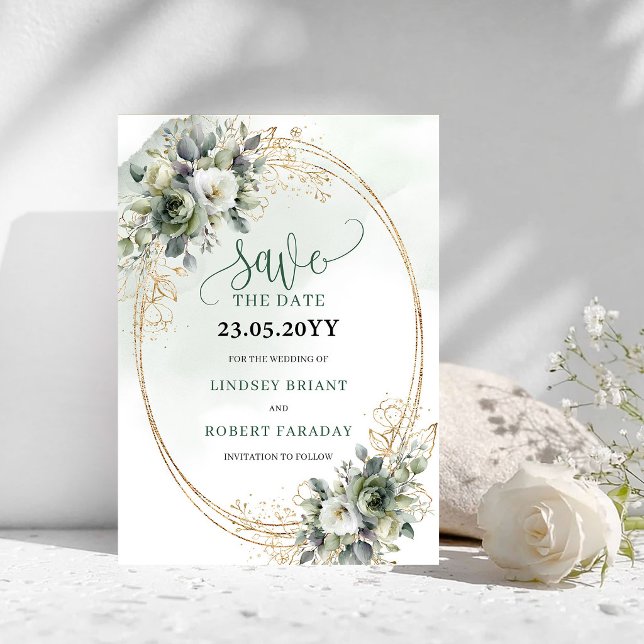 Tarjeta de guardar la fecha de boda polvorienta ve (Bohemian Dusty Green Wedding Save The Date Card)