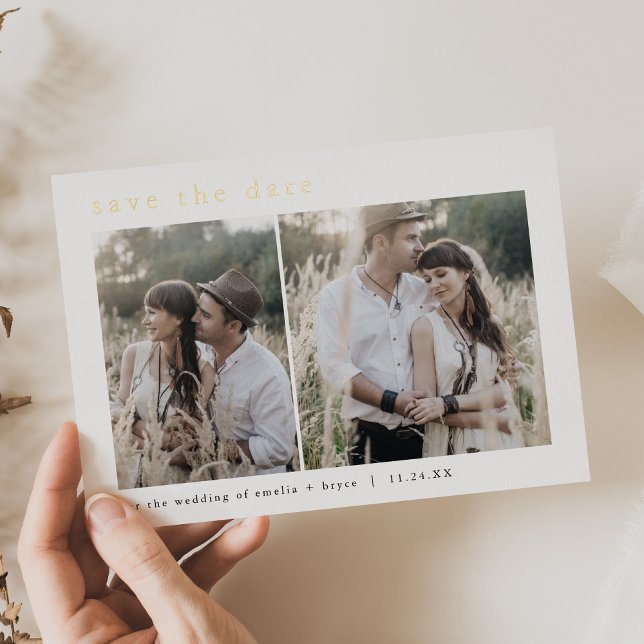 Tarjeta de guardar la fecha de boda rústica boho d (EMELIA Gold Foil Rustic Boho Wedding Save the Date Foil Invitation)