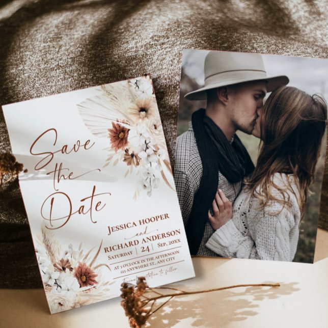 Tarjeta de guardar la fecha de boda rústica de ter (Boho Terracotta Rustic Wedding Photo Save the Date  Card)