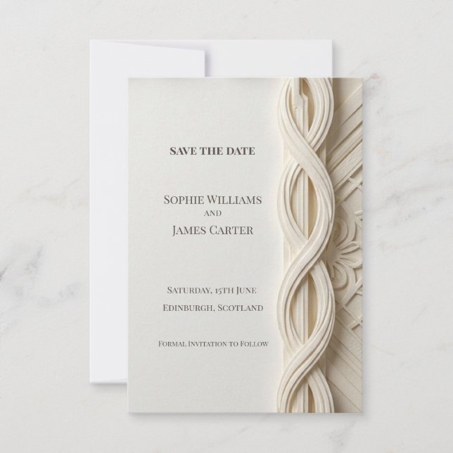 Tarjeta de guardar la fecha de boda tejida neutral (Anverso)