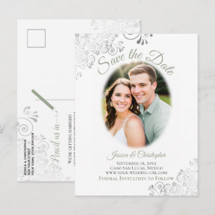 Tarjeta de guardar la fecha de boda verde Lacy Sag