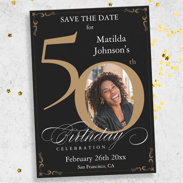Tarjeta de Guardar la Fecha de Cumpleaños 50 Negro (Mockup View)