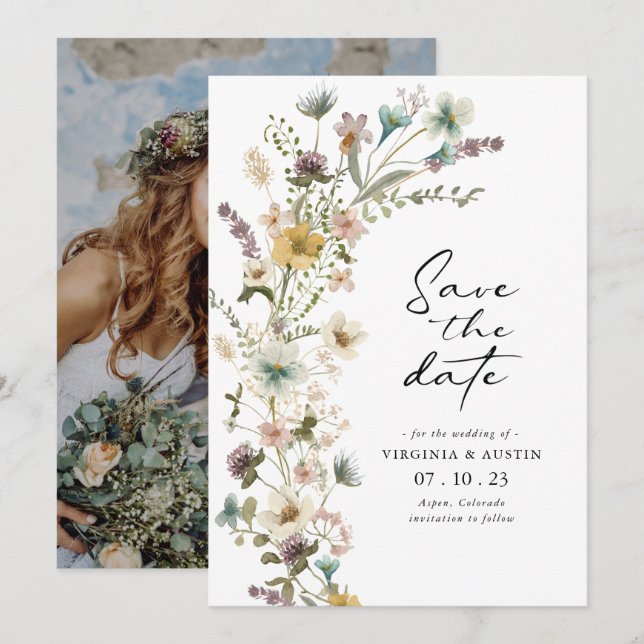 Tarjeta de Guardar la Fecha de Foto Floral de Prim (Anverso / Reverso)