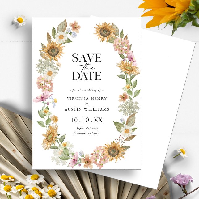 Tarjeta de Guardar la Fecha de Girasol (Watercolor Wildflower Sunflower Wreath Floral Save the Date Card by Painted Paperie
)
