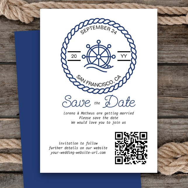 Tarjeta de guardar la fecha de la boda con código  (Nautical Wedding Save the Date Card with QR Code)