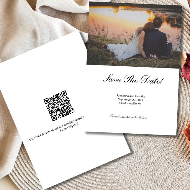 Tarjeta de guardar la fecha de la boda con foto de (QR code Photo Wedding save the date card. )