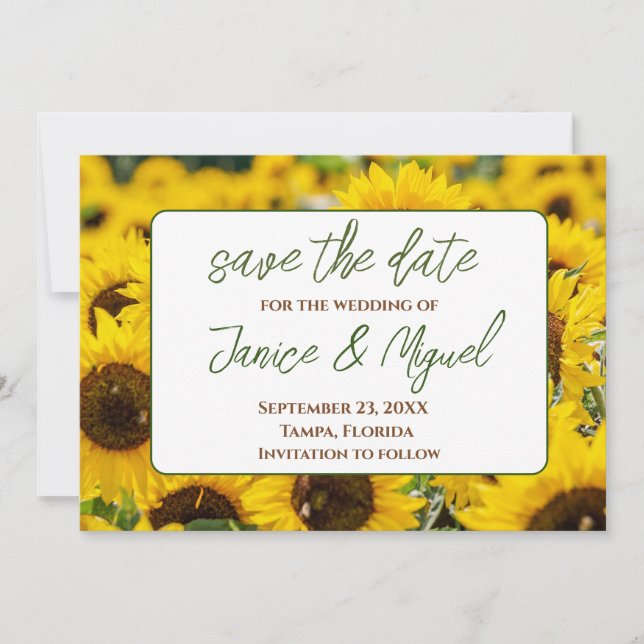 Tarjeta de guardar la fecha de la boda de girasole (Anverso)