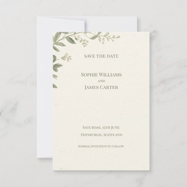 Tarjeta de guardar la fecha de la boda de vegetaci (Anverso)