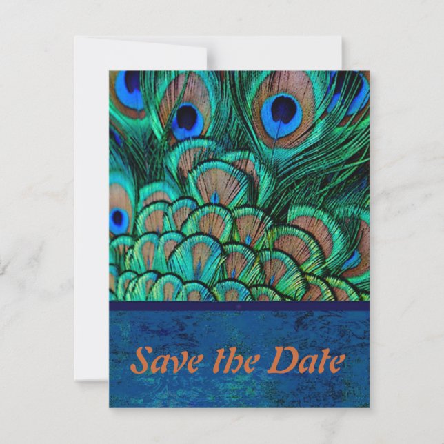Tarjeta de guardar la fecha de la boda del pavo re (Anverso)