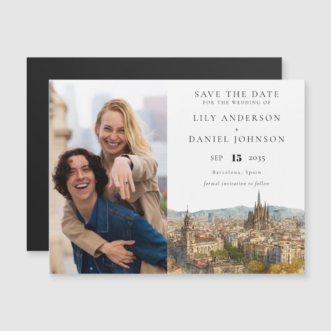 Tarjeta de guardar la fecha de la boda en Barcelon (Anverso/Reverso)