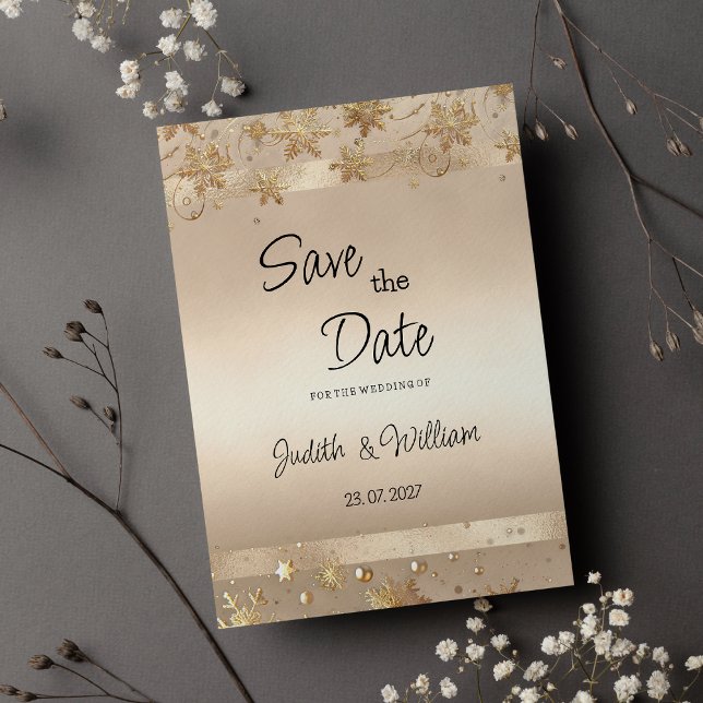 Tarjeta de guardar la fecha de lujo con copos de n (Champagne Golden Snowflakes Luxury Save the Date)