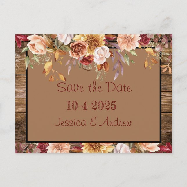 Tarjeta de guardar la fecha de otoño - Boda floral (Anverso)
