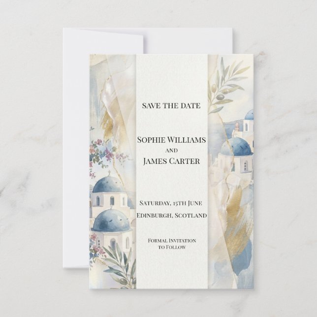 Tarjeta de Guardar la Fecha de Santorini Azul Páli (Anverso)