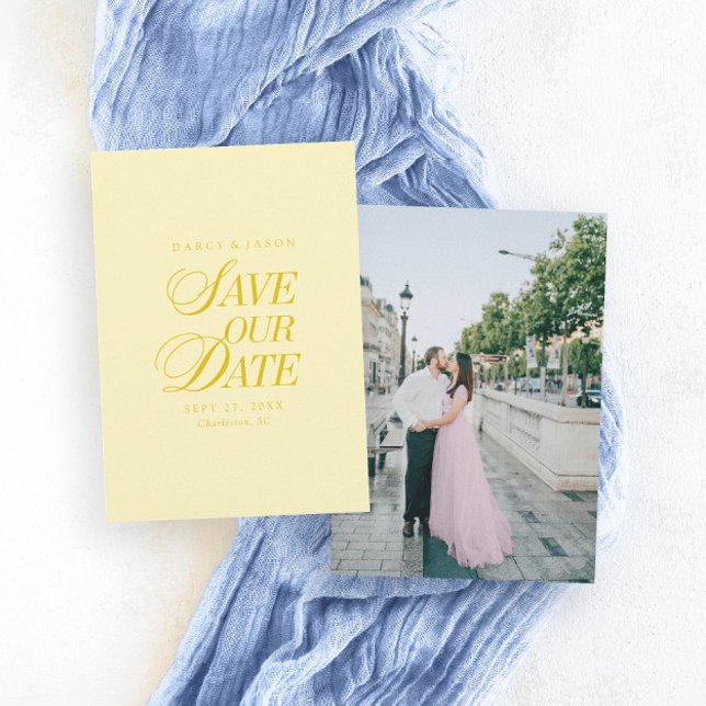 Tarjeta de guardar la fecha elegante de mantequill (Classy Butter Yellow Elegant Save the Date Card)