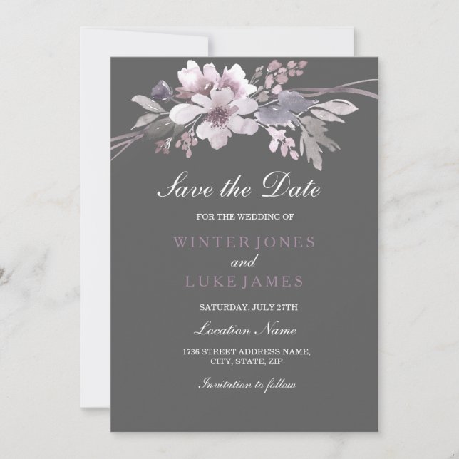 Tarjeta de Guardar la Fecha Elegante Floral Gris d (Anverso)