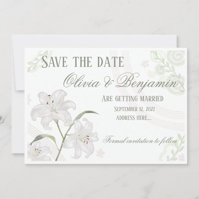Tarjeta de Guardar la Fecha Elegante Lirio Blanco  (Anverso)
