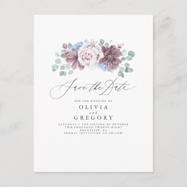 Tarjeta de guardar la fecha floral azul polvorient (Anverso)