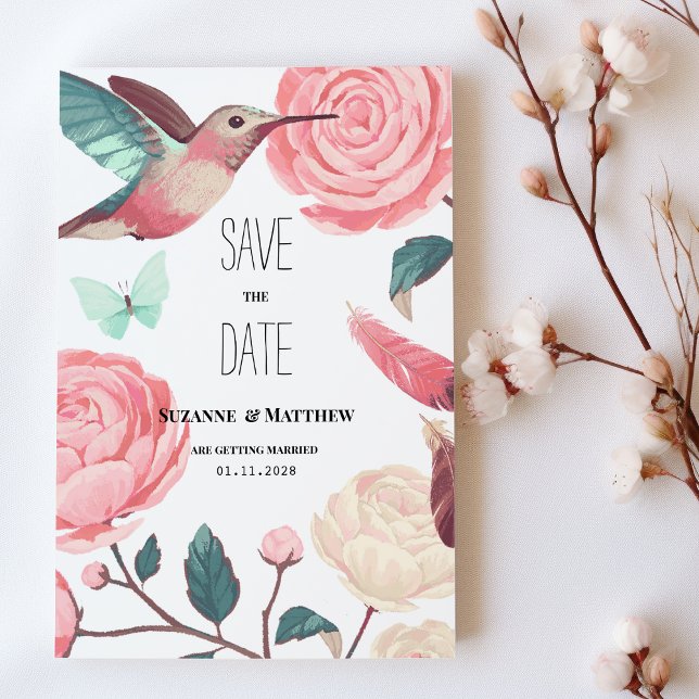 Tarjeta de Guardar la Fecha Floral de Colibrí Colo (Colorful Hummingbird Floral Spring Save the Date )