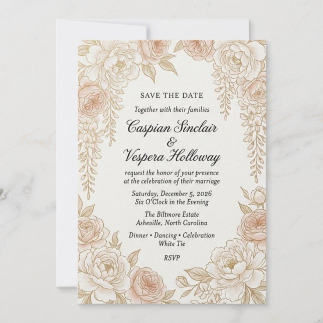 Tarjeta de Guardar la Fecha Floral Neutral Elegant (Anverso)