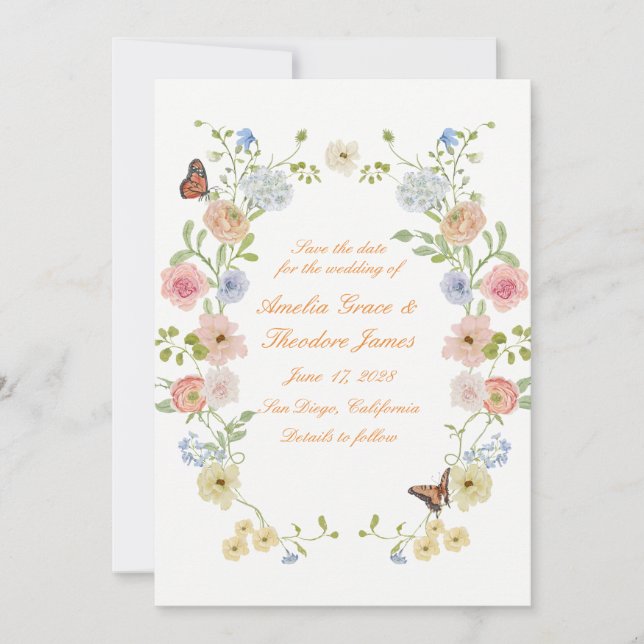 Tarjeta de guardar la fecha floral pastel romántic (Anverso)