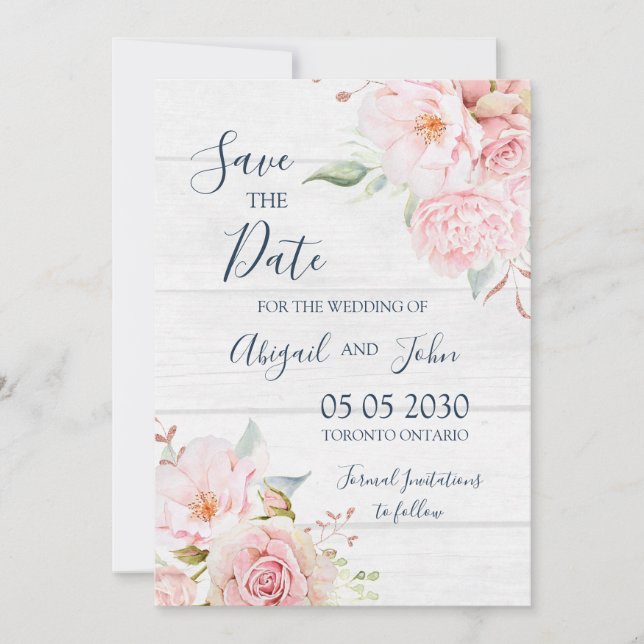 Tarjeta de Guardar la Fecha Floral Rosa Rústica de (Anverso)