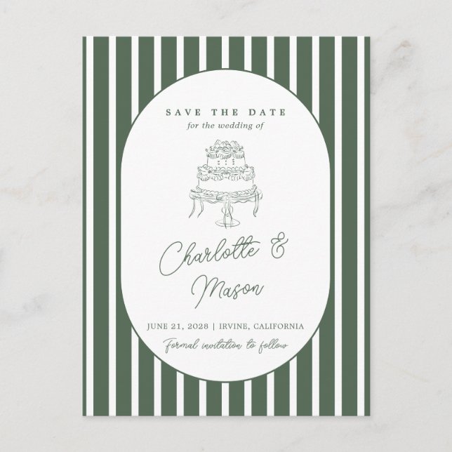 Tarjeta de Guardar la Fecha Preppy con Rayas Verde (Anverso)