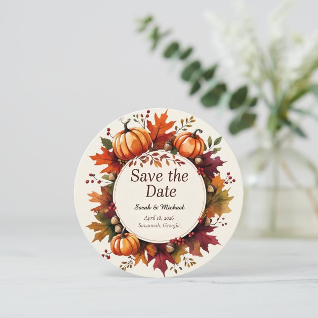 Tarjeta de Guardar la Fecha Redonda de Calabaza de (Anverso de pie)