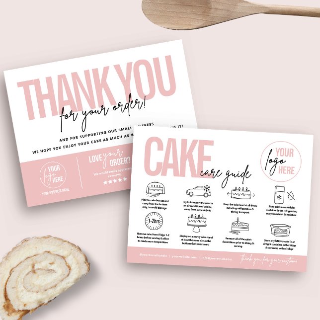 Tarjeta de guía de cuidado de tortas, Instruccione (Pink feminine cake care card and business thank you card)