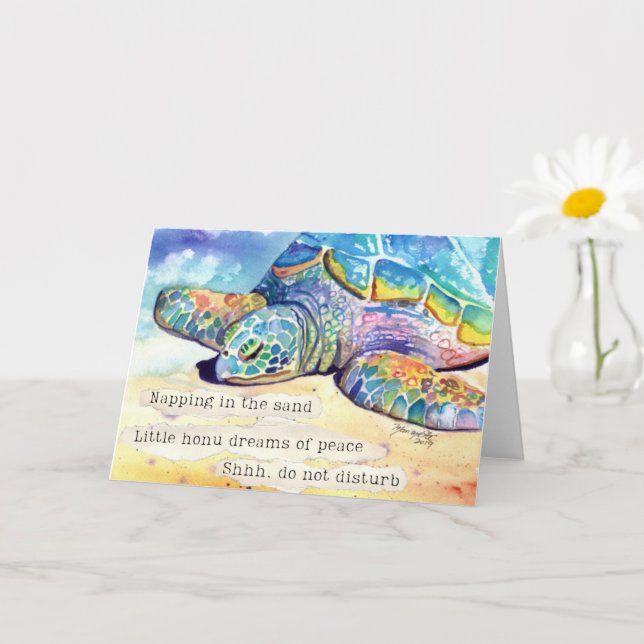 Tarjeta de Haiku de Tortuga Marina Durmiendo Honu (Planta pequeña)