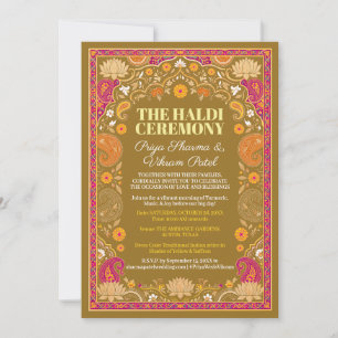 Tarjeta de Haldi de Boda India Oliva Rosa Paisley