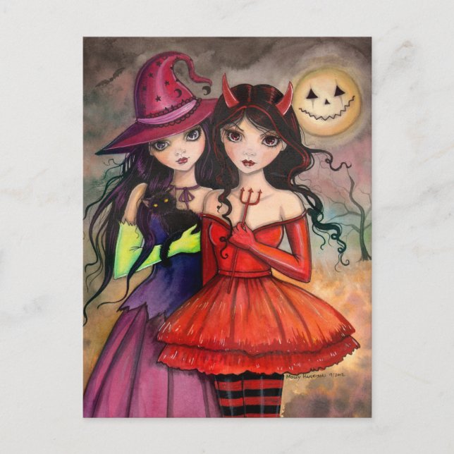 Tarjeta de Halloween Arte Gótico de Bruja y Diablo (Anverso)