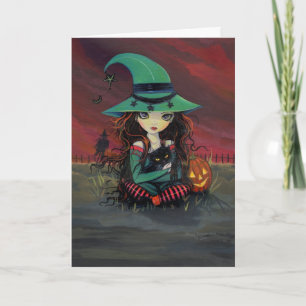 Tarjeta de Halloween Bruja Linda y Gato Negro