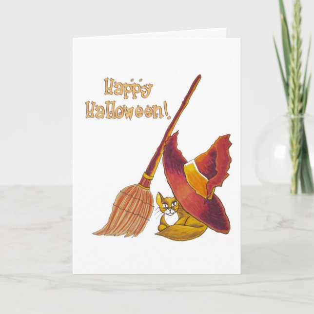 Tarjeta de Halloween Cat and Broomstick (Anverso)