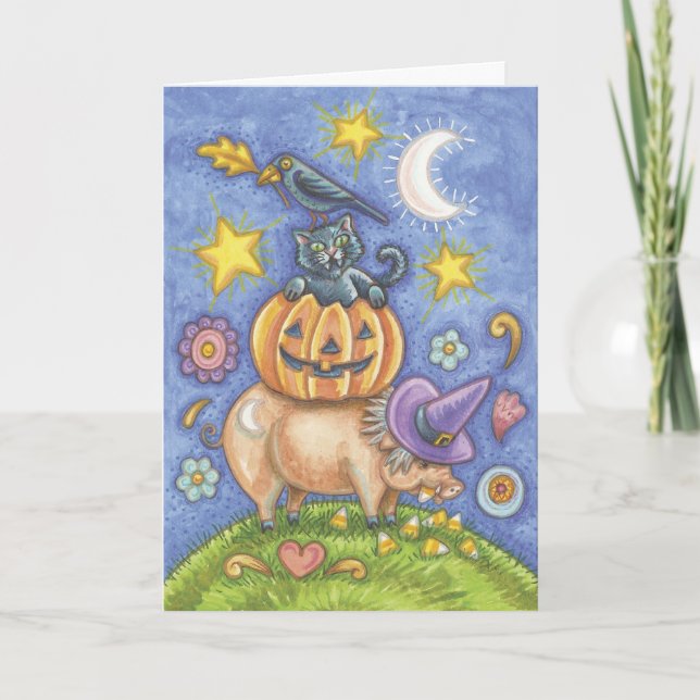 Tarjeta de Halloween, cerdo, gato negro, calabaza, (Anverso)