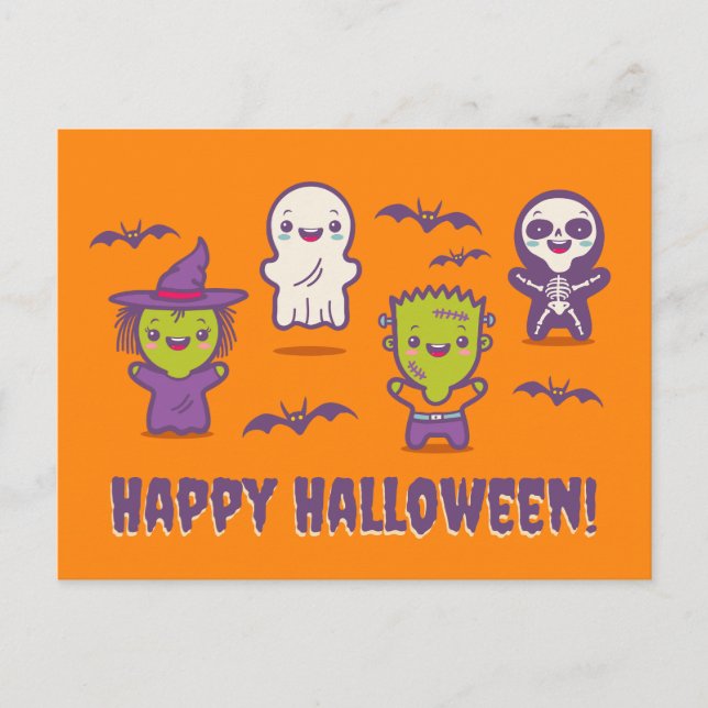 Tarjeta de Halloween con adorables monstruos kawai (Anverso)