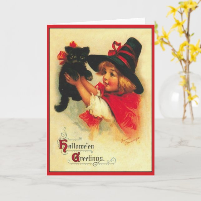 Tarjeta de Halloween con avispas para gato negro y (flor amarilla)