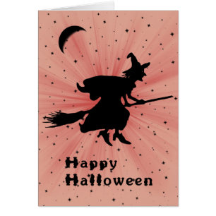 Tarjeta de Halloween con Bruja en Escoba Humorísti