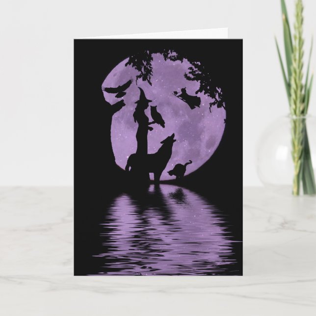 Tarjeta de Halloween con brujas, lobo, búho gatos  (Anverso)