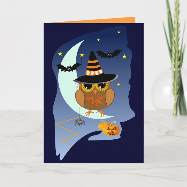 Tarjeta de Halloween con búho, murciélagos y texto (Anverso)