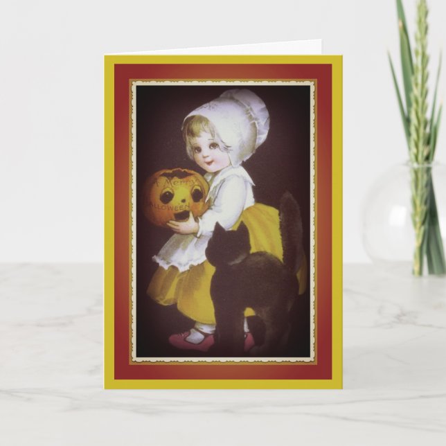 Tarjeta de Halloween con cosecha de niñita y gato  (Anverso)