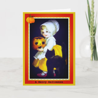 Tarjeta de Halloween con cosecha de niñita y gato