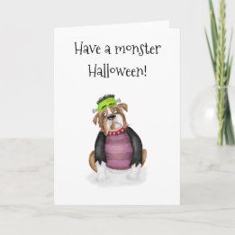 Tarjeta de halloween con el bulldog de los monstru
