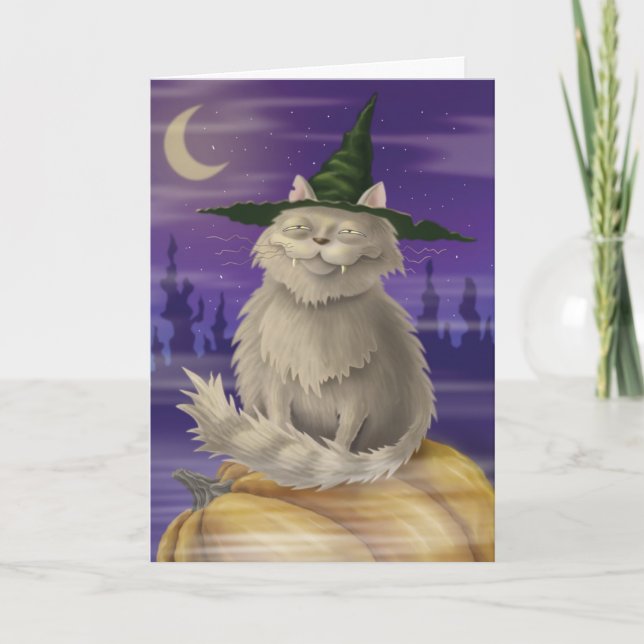 Tarjeta de Halloween con el gato presumido grande (Anverso)
