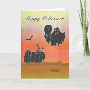 Tarjeta de Halloween con fantasmas negros y calaba