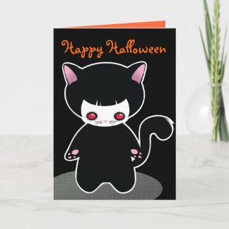 Tarjeta de Halloween con felino negro para niños